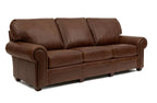 A three-seater brown leather sofa with rolled arms, nailhead trim, and a deep seat cushion, shown on a plain white background.