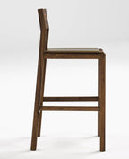 A modern wooden bar stool with a dark brown finish, featuring a high backrest, a flat seat, and two lower support rails, shown against a plain white studio background.