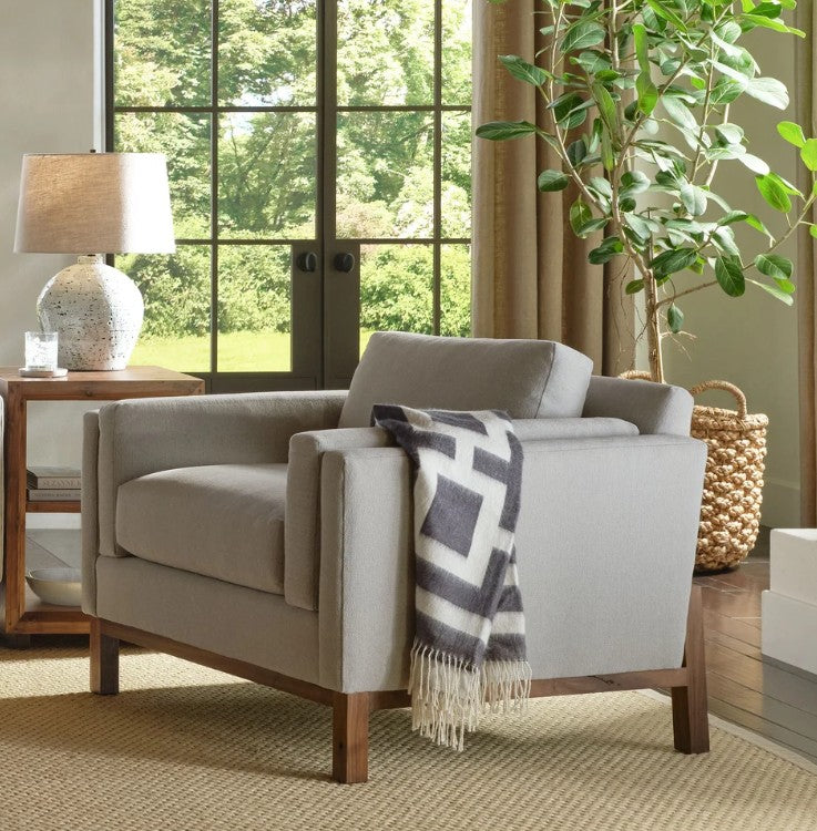 A light gray upholstered armchair with dark wood legs, styled in a bright living room with a patterned throw blanket draped over the arm, a side table with a lamp, and a potted plant.