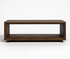 A modern low-profile wooden console table with a dark brown finish, featuring an open rectangular design with a top surface and a lower shelf, shown against a plain white background.