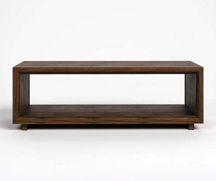 A modern low-profile wooden console table with a dark brown finish, featuring an open rectangular design with a top surface and a lower shelf, shown against a plain white background.