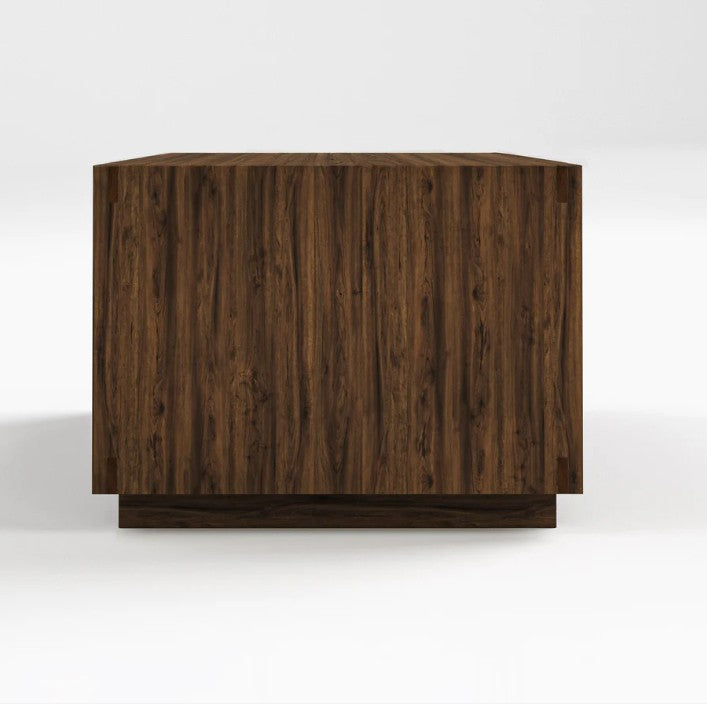 A modern rectangular sideboard or cabinet with a rich dark brown wood grain finish, shown from a front-three-quarters angle on a light gray studio background.