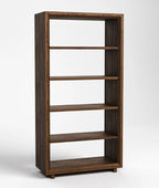 A tall, five-tier wooden bookcase with a dark brown finish and open shelving, shown on a light gray background.