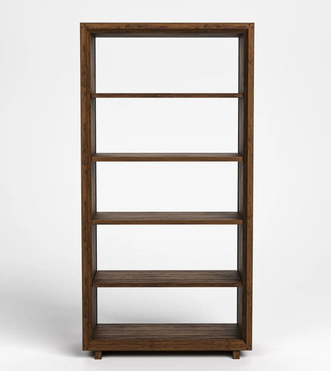 A tall, five-tier wooden bookcase with a dark brown finish, shown against a plain white studio background.