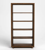 A tall, five-tier wooden bookcase with a dark brown finish, shown against a plain white studio background.