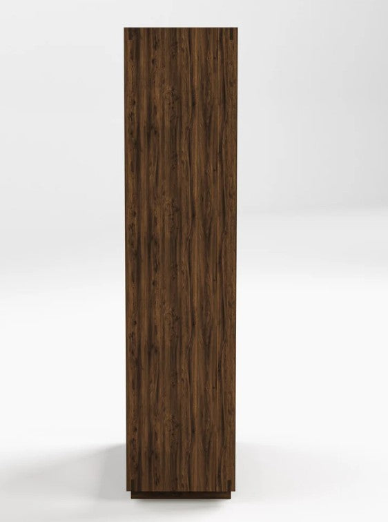 A tall, narrow rectangular cabinet or shelf with a dark brown wood grain finish, shown against a plain light gray studio background.
