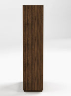 A tall, narrow rectangular cabinet or shelf with a dark brown wood grain finish, shown against a plain light gray studio background.