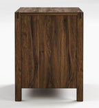A dark brown wooden cabinet with a rich wood grain finish, shown from a front three-quarter angle on a light gray background.