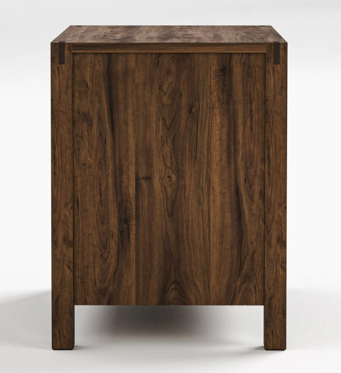 A dark brown wooden cabinet with a rich wood grain finish, shown from a front three-quarter angle on a light gray background.