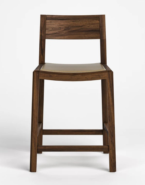 A modern wooden bar stool with a dark brown wood frame, a curved seat cushion, and a rectangular wooden backrest, shown against a plain white studio background.
