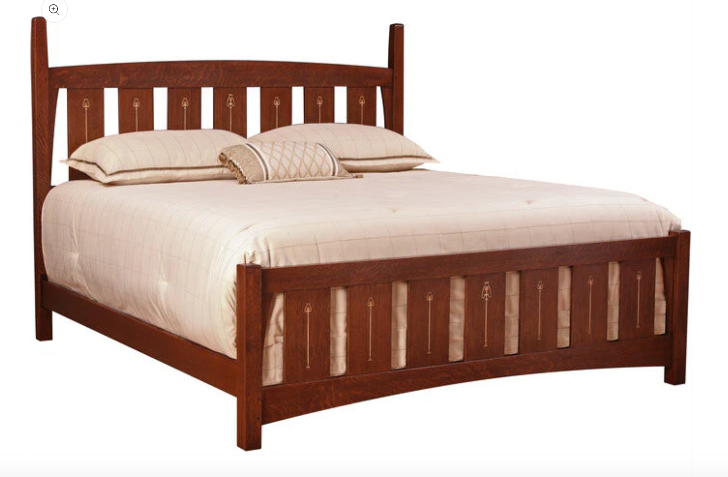 Harvey Ellis Wooden bed with beige bedding with a mid-level footboard. 