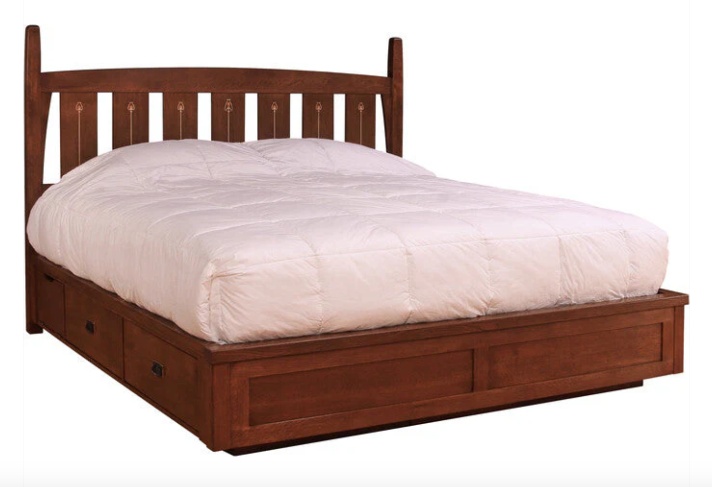 Harvey Ellis bed frame with mattress on platform storage frame. 