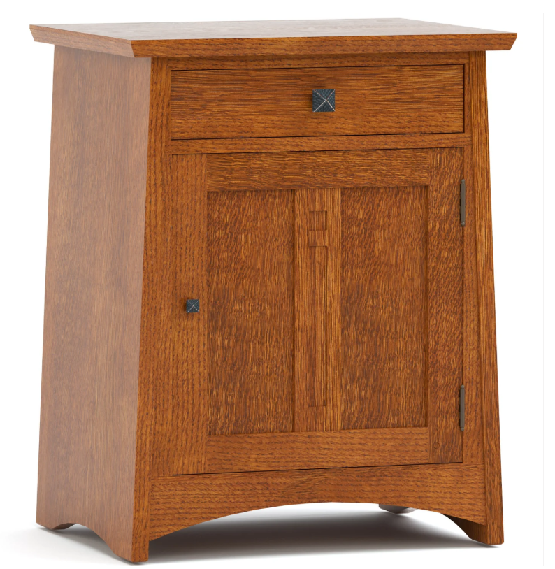 A mid-century modern wooden cabinet with a warm medium-brown finish, featuring a single drawer with a decorative metal knob and a single door with a matching knob, set against a plain white background.