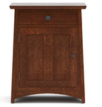 A dark brown wooden nightstand with a single drawer and one paneled door, featuring small blue geometric inlay accents on the front, set against a plain white background.