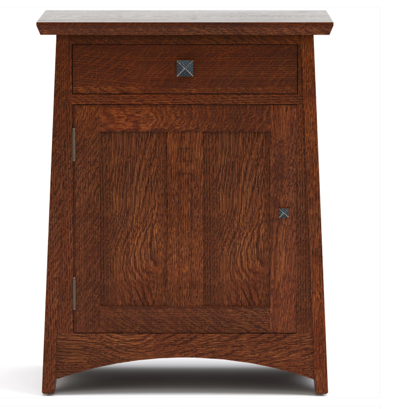 A dark brown wooden nightstand with a single drawer and one paneled door, featuring small blue geometric inlay accents on the front, set against a plain white background.