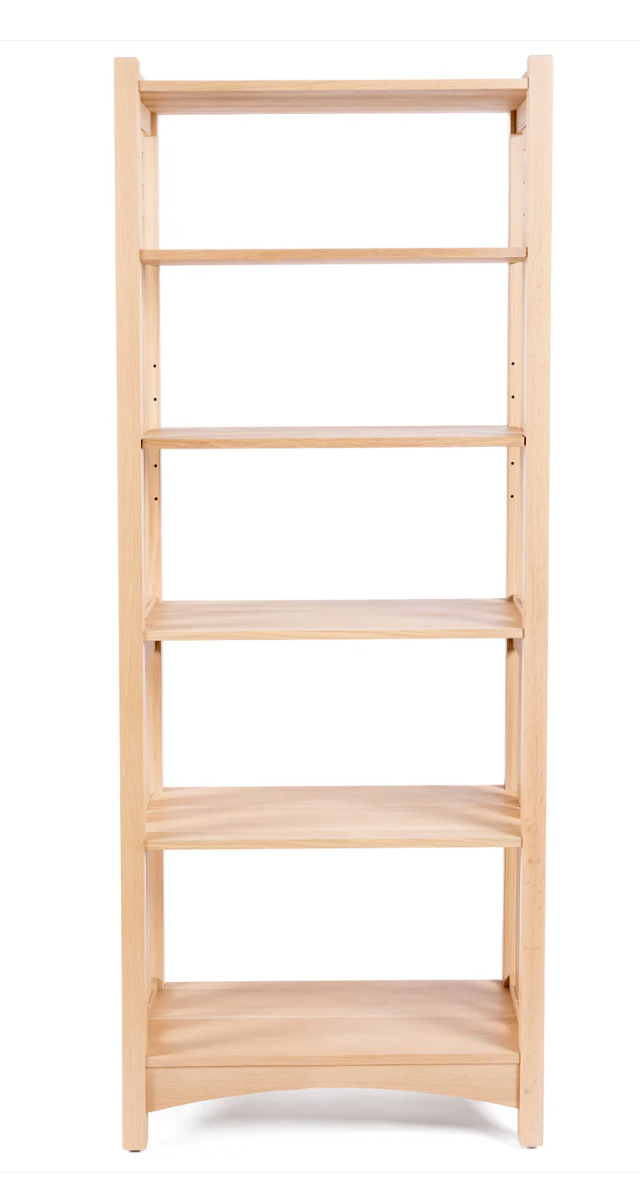 A five-tier wooden bookcase with a natural light wood finish, shown against a plain white background.