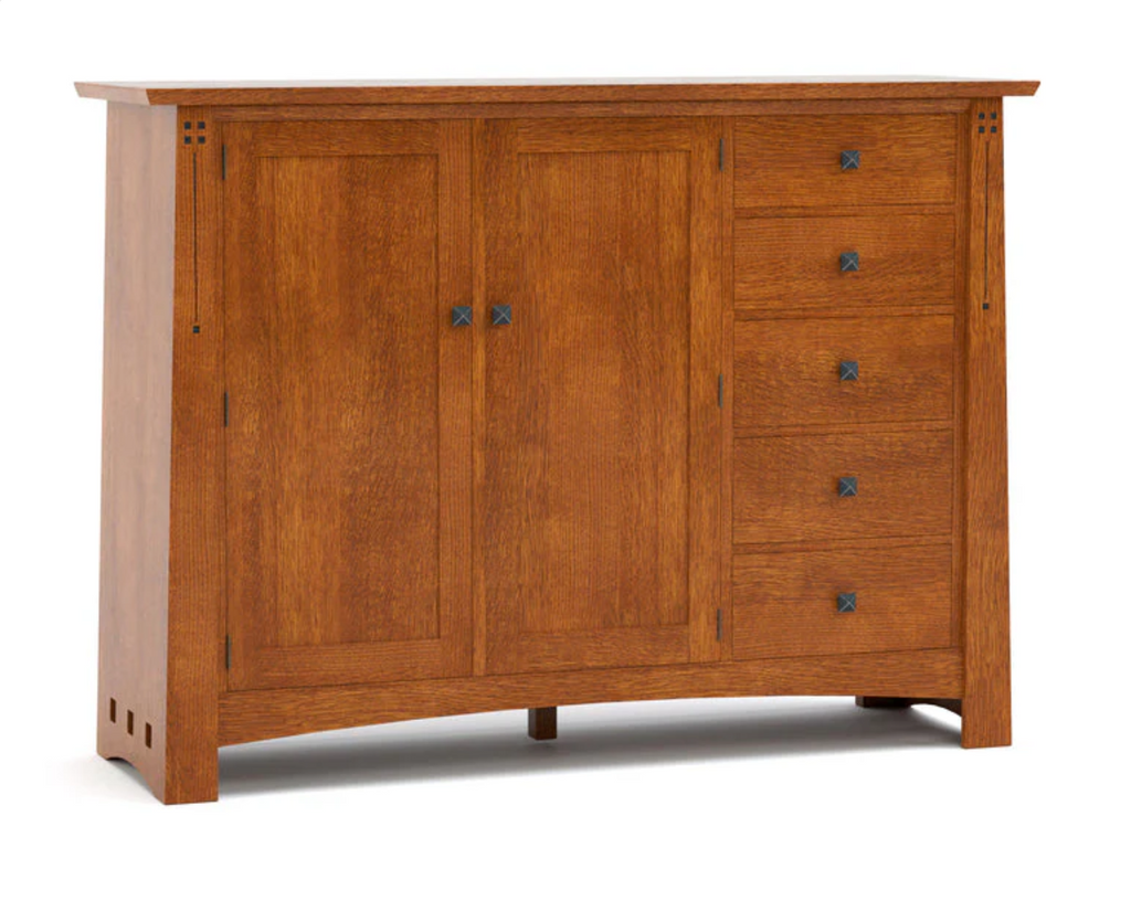 A warm medium-brown wooden sideboard cabinet with two paneled doors and four drawers on the right, featuring small dark metal knobs and decorative corner brackets, shown on a white background.