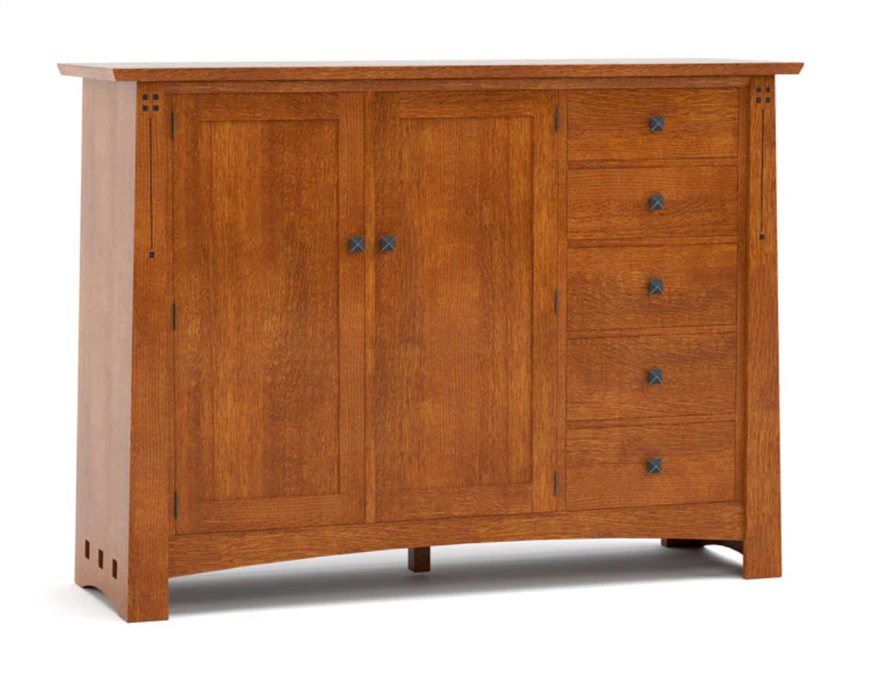 A warm medium-brown wooden sideboard cabinet with two paneled doors and four drawers on the right, featuring small dark metal knobs and decorative corner brackets, shown on a white background.