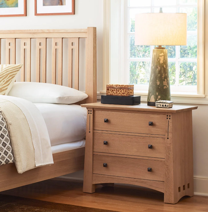 Wooden dresser with three drawers. Highlands Three-Drawer Nightstand by Stickley.