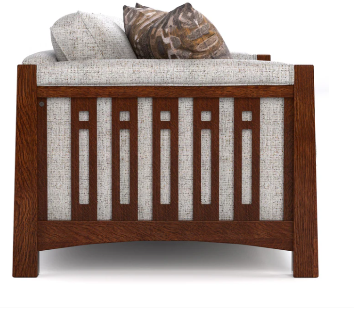 A wooden daybed or bench with a dark brown wood frame, light beige textured fabric cushions, and two decorative throw pillows, shown against a plain white background.