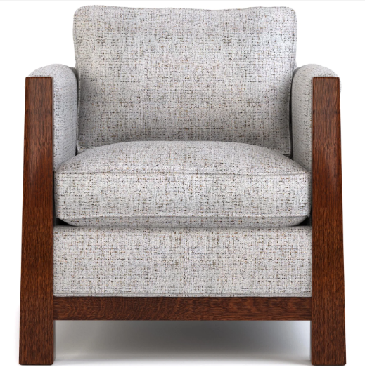 A modern armchair with textured light gray fabric upholstery and a dark brown wooden frame, shown from a front-facing perspective on a white background.