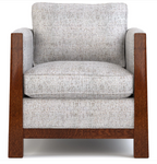 A modern armchair with textured light gray fabric upholstery and a dark brown wooden frame, shown from a front-facing perspective on a white background.