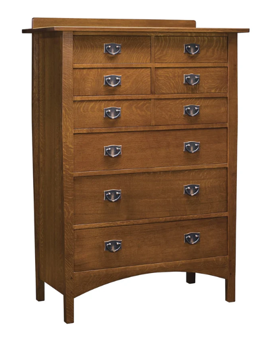A tall wooden chest of drawers with six drawers, featuring a warm medium-brown wood finish and silver metal pull handles, shown against a plain white background.