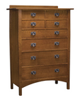 A tall wooden chest of drawers with six drawers, featuring a warm medium-brown wood finish and silver metal pull handles, shown against a plain white background.