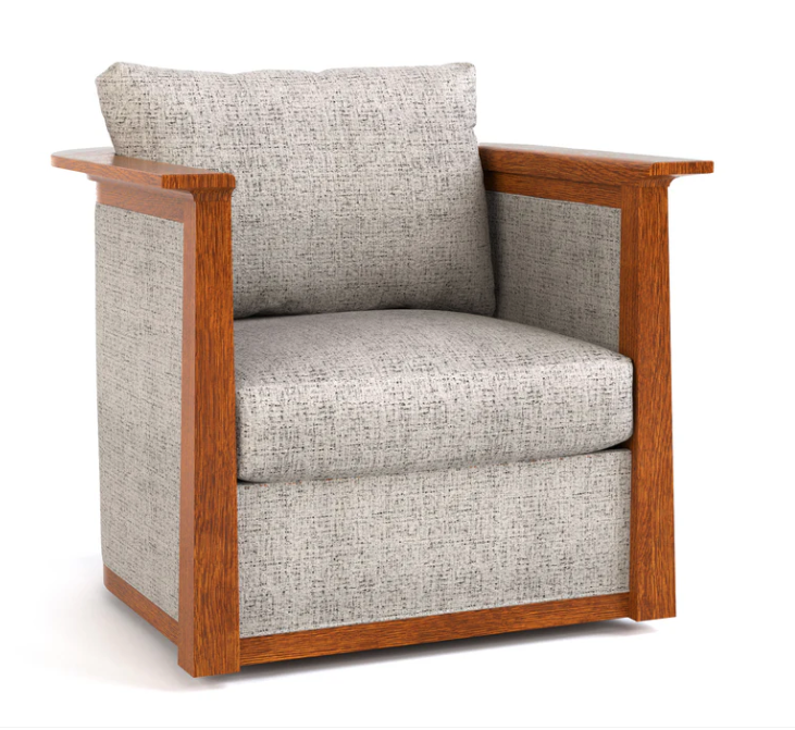 A modern armchair with textured light gray fabric upholstery and a warm medium-brown wooden frame, shown on a plain white background.