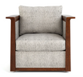 A modern armchair with textured light gray fabric upholstery and a dark brown wood frame, shown against a plain white background.