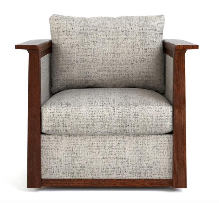A modern armchair with textured light gray fabric upholstery and a dark brown wood frame, shown against a plain white background.