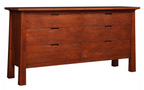 A six-drawer wooden dresser with a warm reddish-brown finish and recessed pull handles, shown on a plain white background.