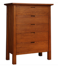 A five-drawer wooden chest of drawers with a warm reddish-brown finish and dark metal pull handles, shown against a plain white background.