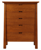 A five-drawer wooden chest of drawers with a warm reddish-brown finish and dark pull handles, shown against a plain white background.
