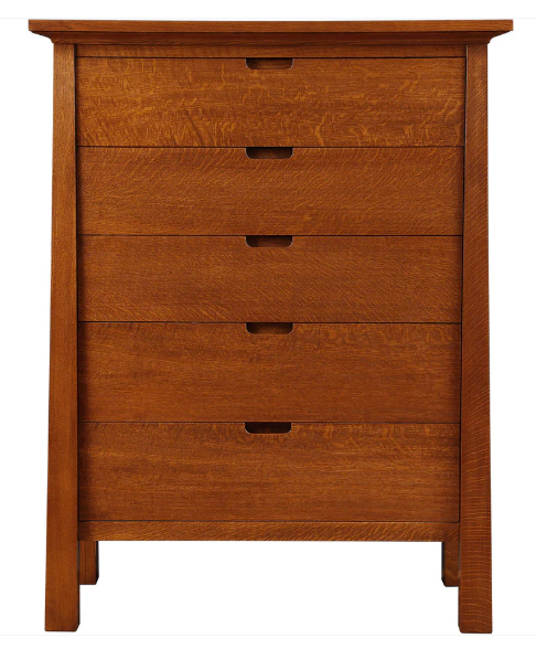 A five-drawer wooden chest of drawers with a warm reddish-brown finish and dark pull handles, shown against a plain white background.