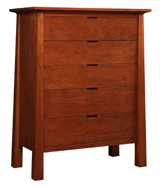 A five-drawer wooden chest of drawers with a warm reddish-brown finish and dark pull handles, shown on a plain white background.