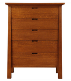 A five-drawer wooden chest of drawers with a warm reddish-brown finish and dark pull handles, shown against a plain white background.