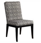 An upholstered dining chair with a black and gray geometric patterned fabric on the seat and backrest, supported by slim black legs, shown against a plain white background.