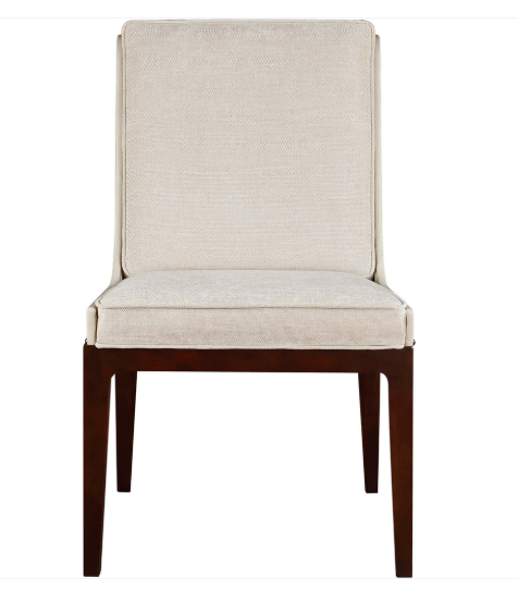 An upholstered dining chair with a tall rectangular backrest, light beige textured fabric seat and back, and dark brown wooden legs, shown against a plain white background.