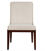 An upholstered dining chair with a tall rectangular backrest, light beige textured fabric seat and back, and dark brown wooden legs, shown against a plain white background.