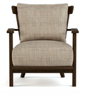 A single upholstered accent chair with a dark brown wooden frame and textured beige woven fabric cushions, shown from the front on a white background.