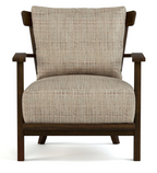 A single upholstered accent chair with a dark brown wooden frame and textured beige woven fabric cushions, shown from the front on a white background.
