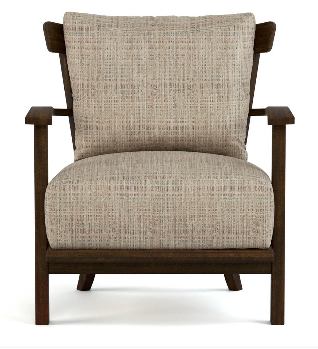 A single upholstered accent chair with a dark brown wooden frame and textured beige woven fabric cushions, shown from the front on a white background.