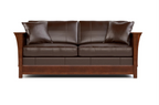 A two-seater sofa with dark brown leather cushions and a medium brown wooden frame, shown against a plain white background.
