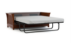A wooden daybed with a dark brown wood frame, a gray upholstered backrest, and a black metal frame base, shown with a light gray mattress pulled out. The daybed is photographed on a clean white background.