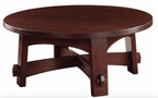 A round wooden coffee table with a dark reddish-brown finish and a geometric cross-style base, shown on a plain white background.