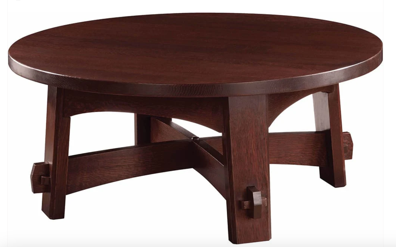 A round wooden coffee table with a dark reddish-brown finish and a geometric cross-style base, shown on a plain white background.