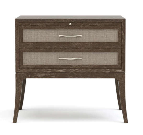 A mid-century modern two-drawer nightstand with a dark brown wood grain finish and textured beige fabric inserts behind silver metal drawer pulls, shown on a white background.