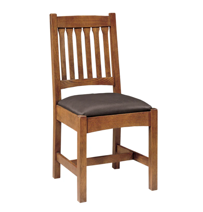 A wooden dining chair with a medium brown wood frame, a slatted backrest, and a dark brown upholstered seat cushion, shown against a plain white background.