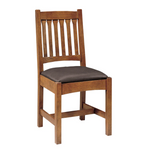 A wooden dining chair with a medium brown wood frame, a slatted backrest, and a dark brown upholstered seat cushion, shown against a plain white background.